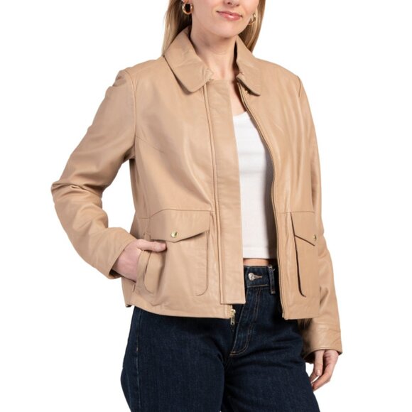COLE HAAN Sesame Lambskin Patch Pocket Jacket